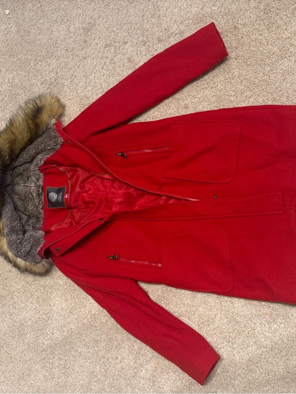 Vince Camuto Red Trench Coat with Faux Fur Trim